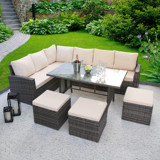 The Stow 6 / 7 Seater Rattan Garden Furniture Set With Cream Cushions
