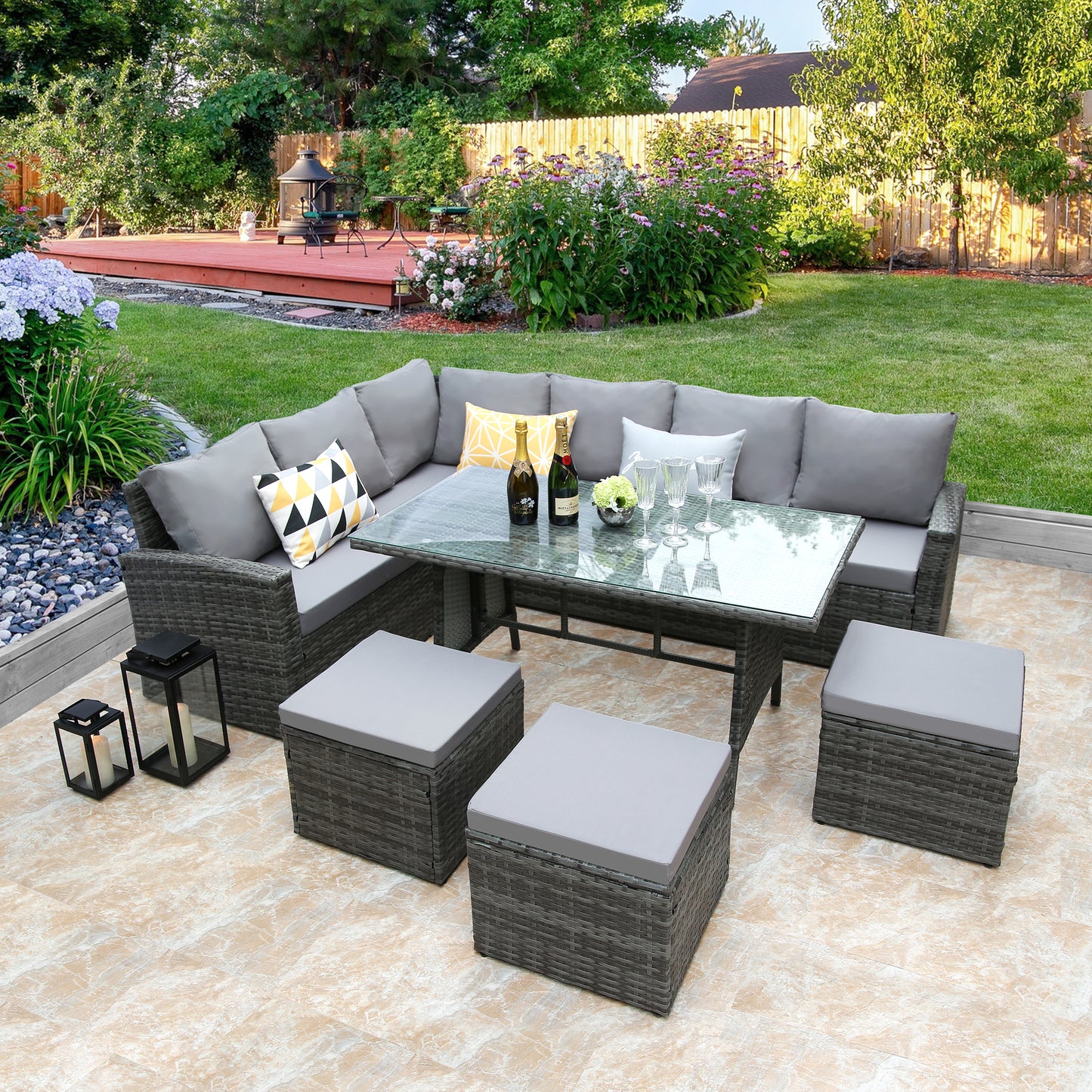 The Stow 6 / 7 Seater Rattan Garden Furniture Set With Grey Cushions